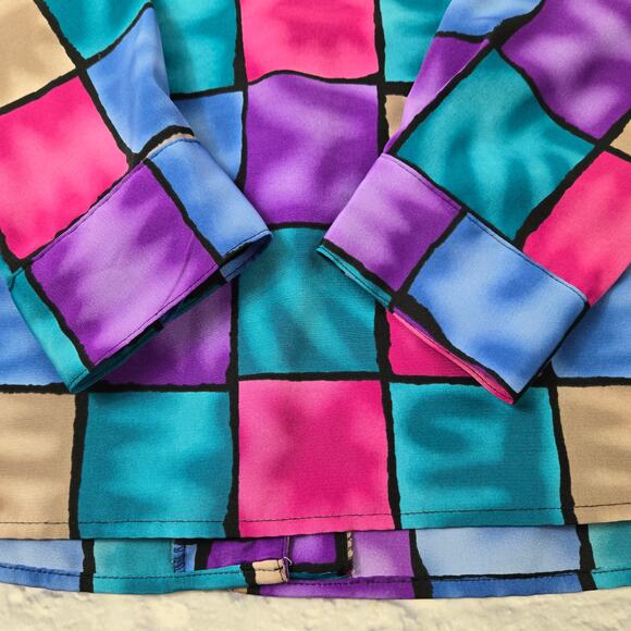 VTG Notations Blouse Shacket Multicolored Liquid Checkered Button Front Size Lrg - Picture 14 of 15